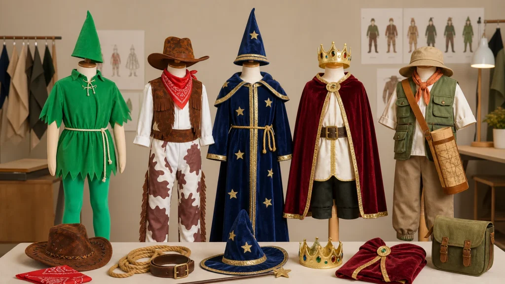 Child-size Book Week party costume range with themed tunics, hats, capes, belts, crown, and accessories