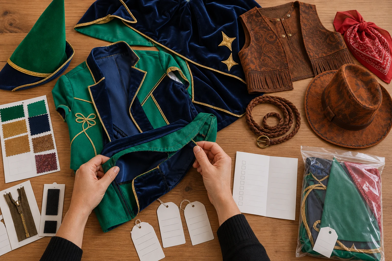 Inspecting seams, trims, fabrics, accessories, labels, and packaging for a Book Week party costume sample