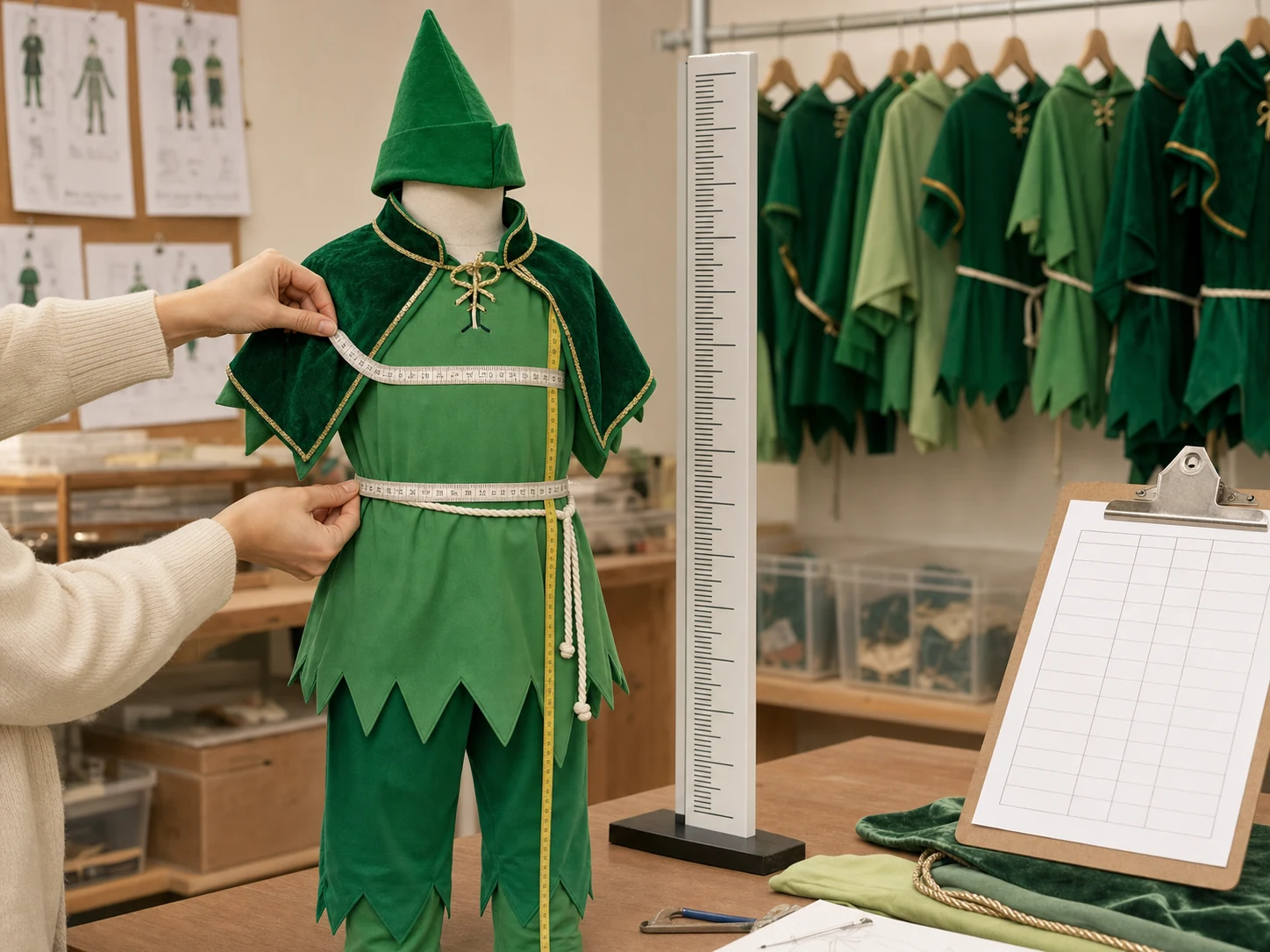 Measuring the chest, waist, height, and garment length of a child-size Book Week party costume sample