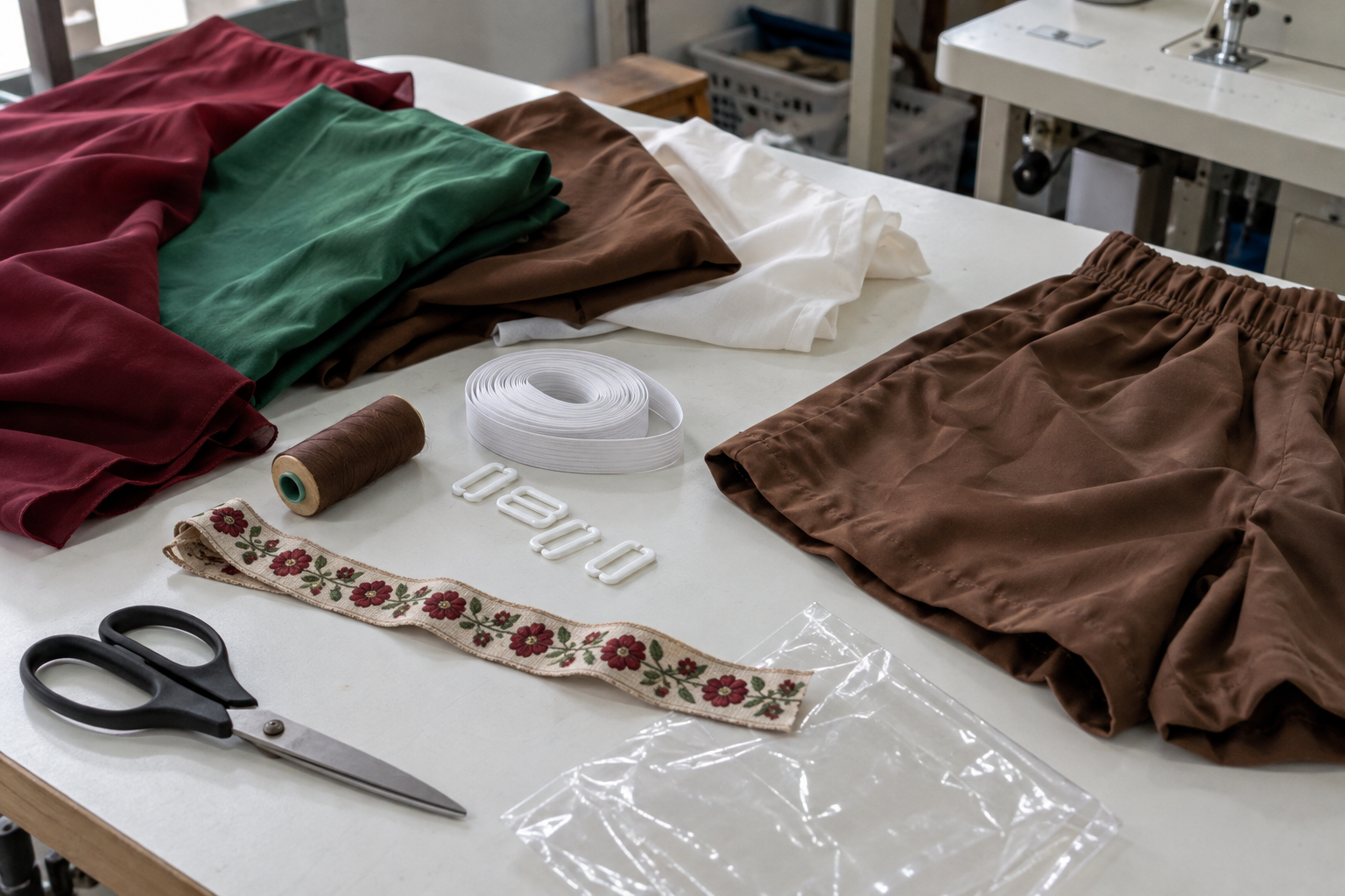 Costume fabrics, elastic, decorative trim and fasteners arranged on a worktable