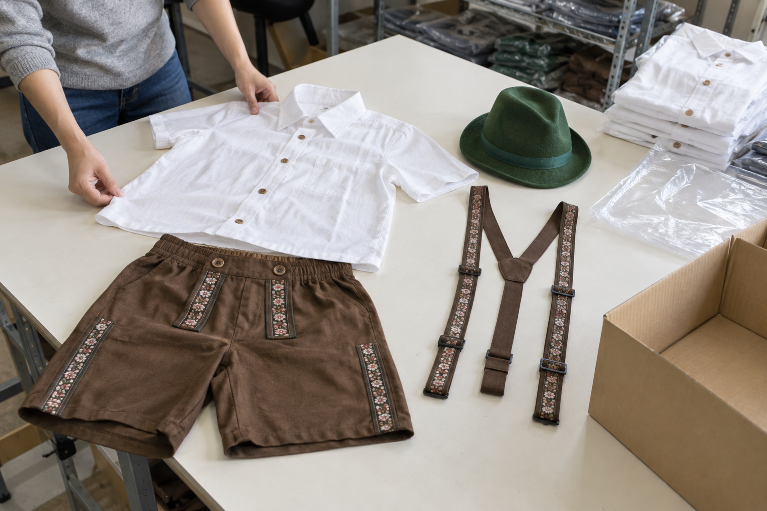 Shirt, costume shorts, suspenders and a green hat laid out beside simple packaging