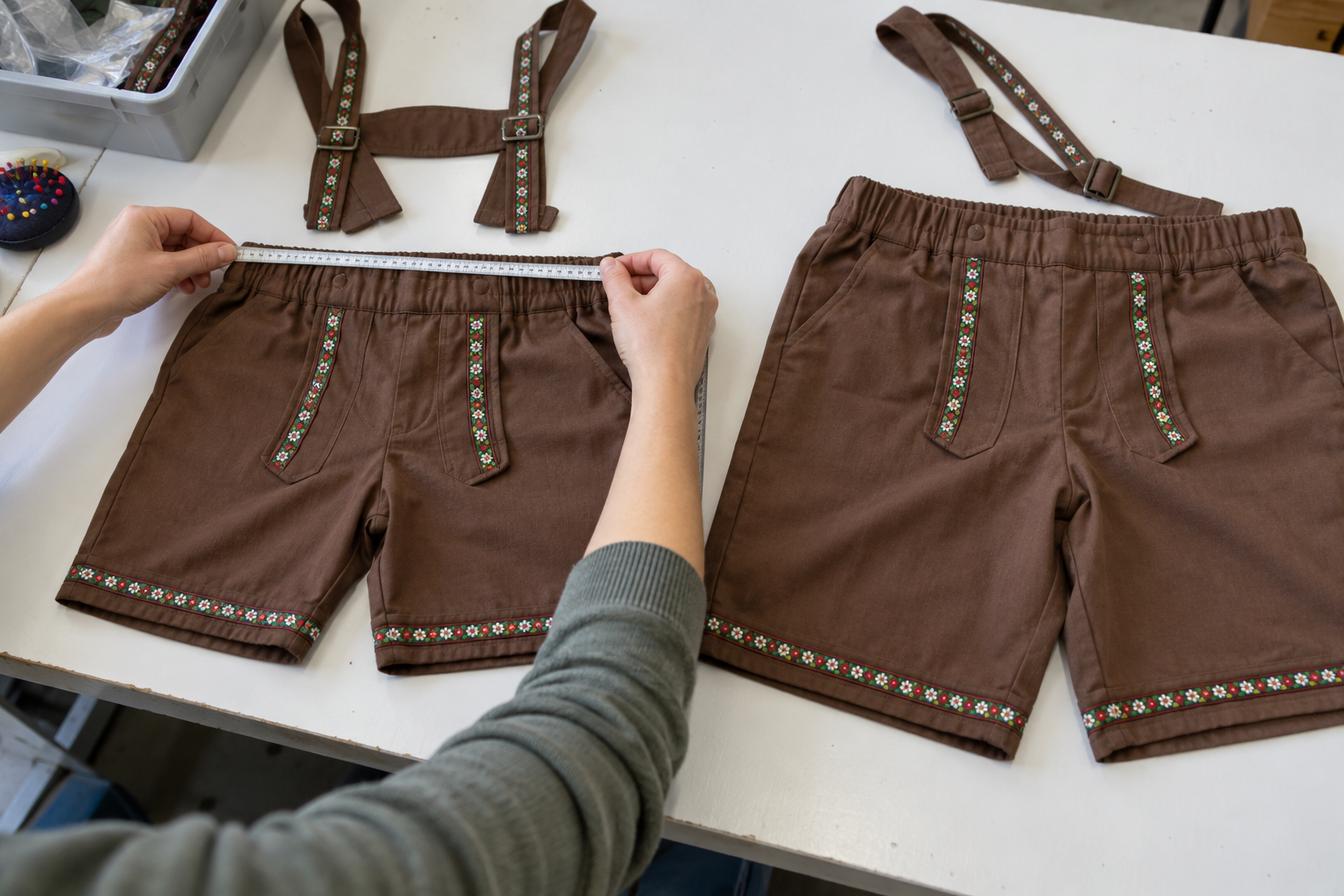 Hands measuring the waistband of costume shorts beside a larger matching pair