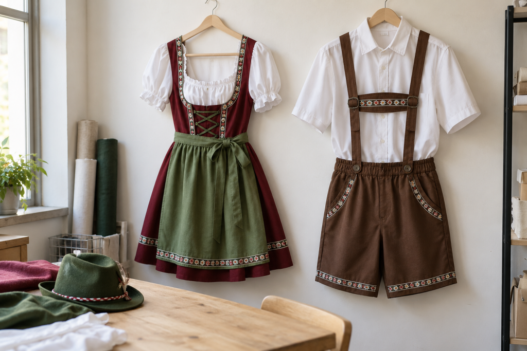 Dirndl-inspired dress and Lederhosen-style costume displayed with a green party hat